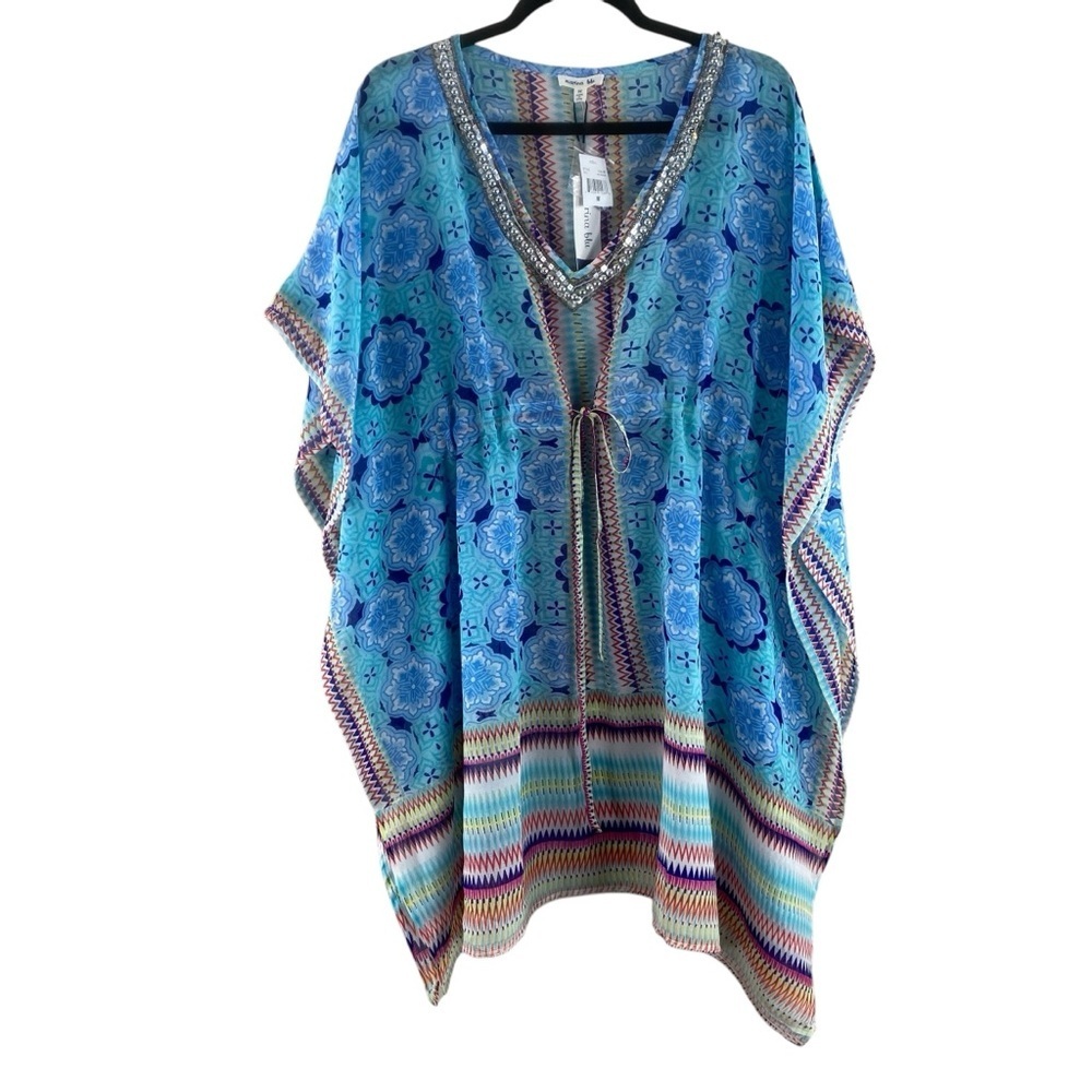 NWT Marina Blu Women’s Vibrant Blue Boho Patterned Beaded Kaftan Coverup Sz M‎